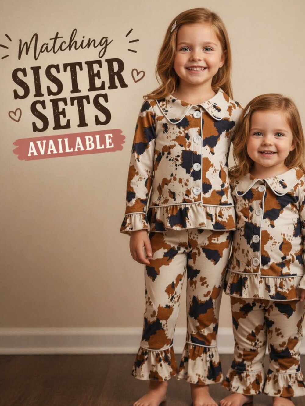 Cowprint Girls Pajamas – Western Ruffle Lounge Set - Picture 3 of 6